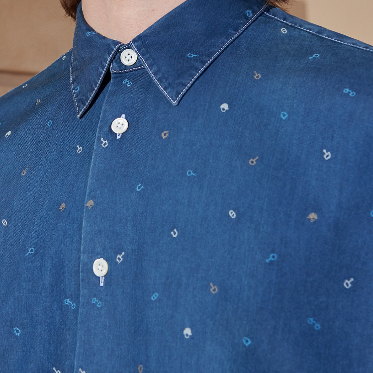 Shop HERMES Kemeja Lengan Panjang Loose Fit Indigo Basuhan Potongan Lurus H456080HT50