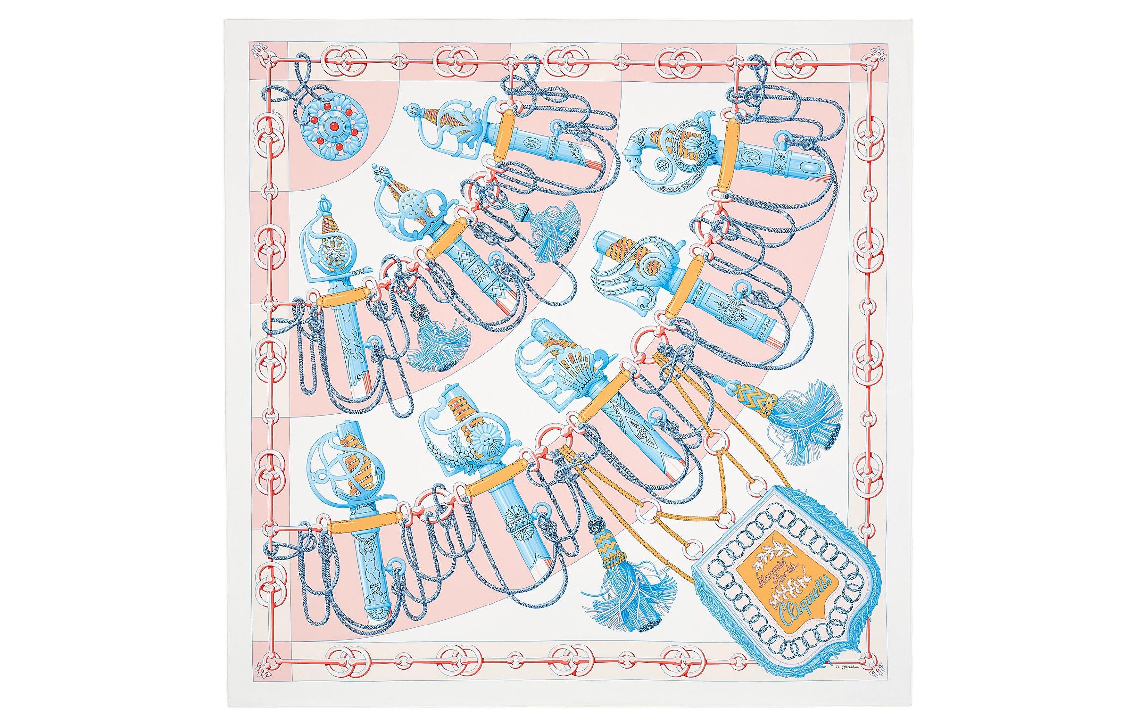 HERMES "Military March" Silk Scarf Pink/White Unisex Couple Design. H001574S-35