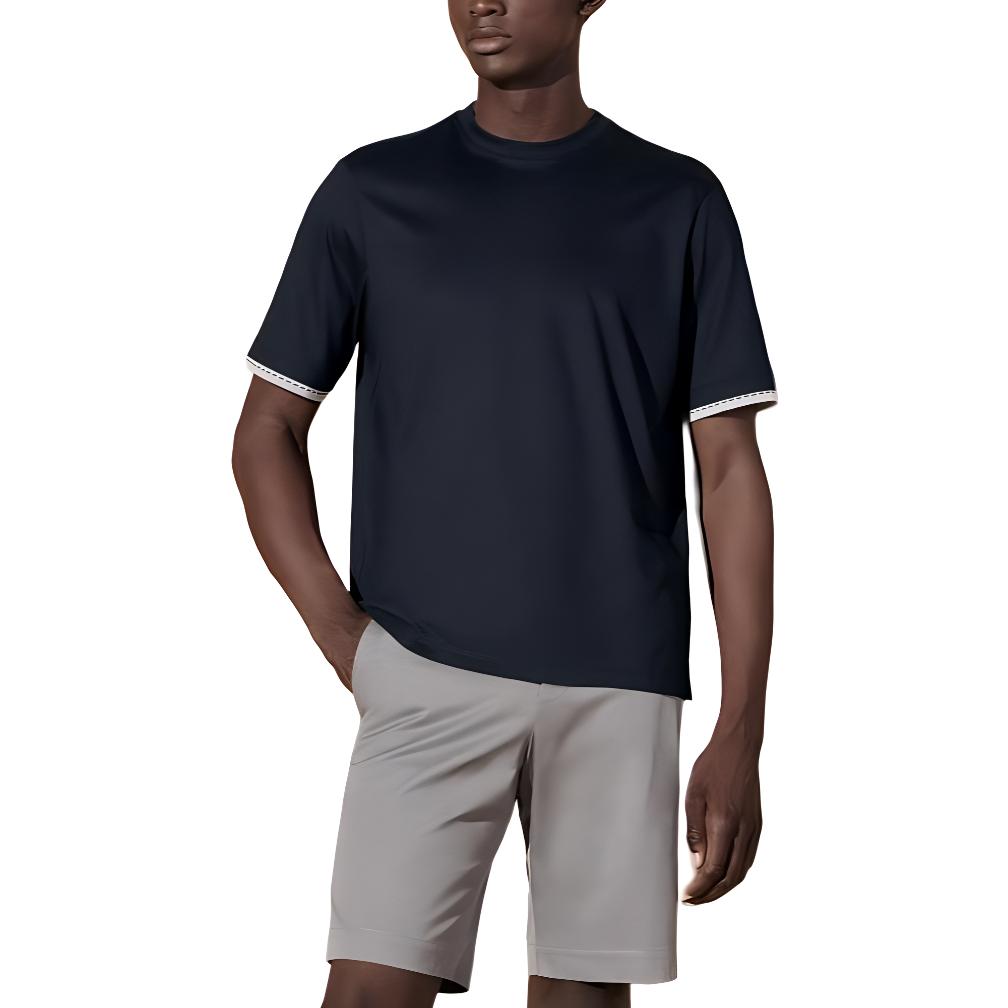 HERMES  Navy Blue Contrast Ruffled Crewneck Short Sleeve T-Shirt H457940HA01