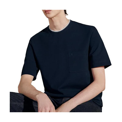 HERMES Navy Blue Embroidered Letter Striped Trim Crewneck T-Shirt. H457980HA01