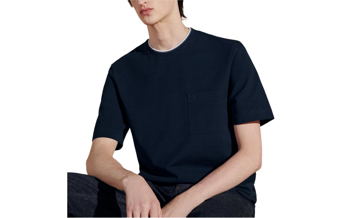 Order 에르메스 네이비 블루 자수 레터 스트라이프 트림 크루넥 티셔츠. H457980HA01