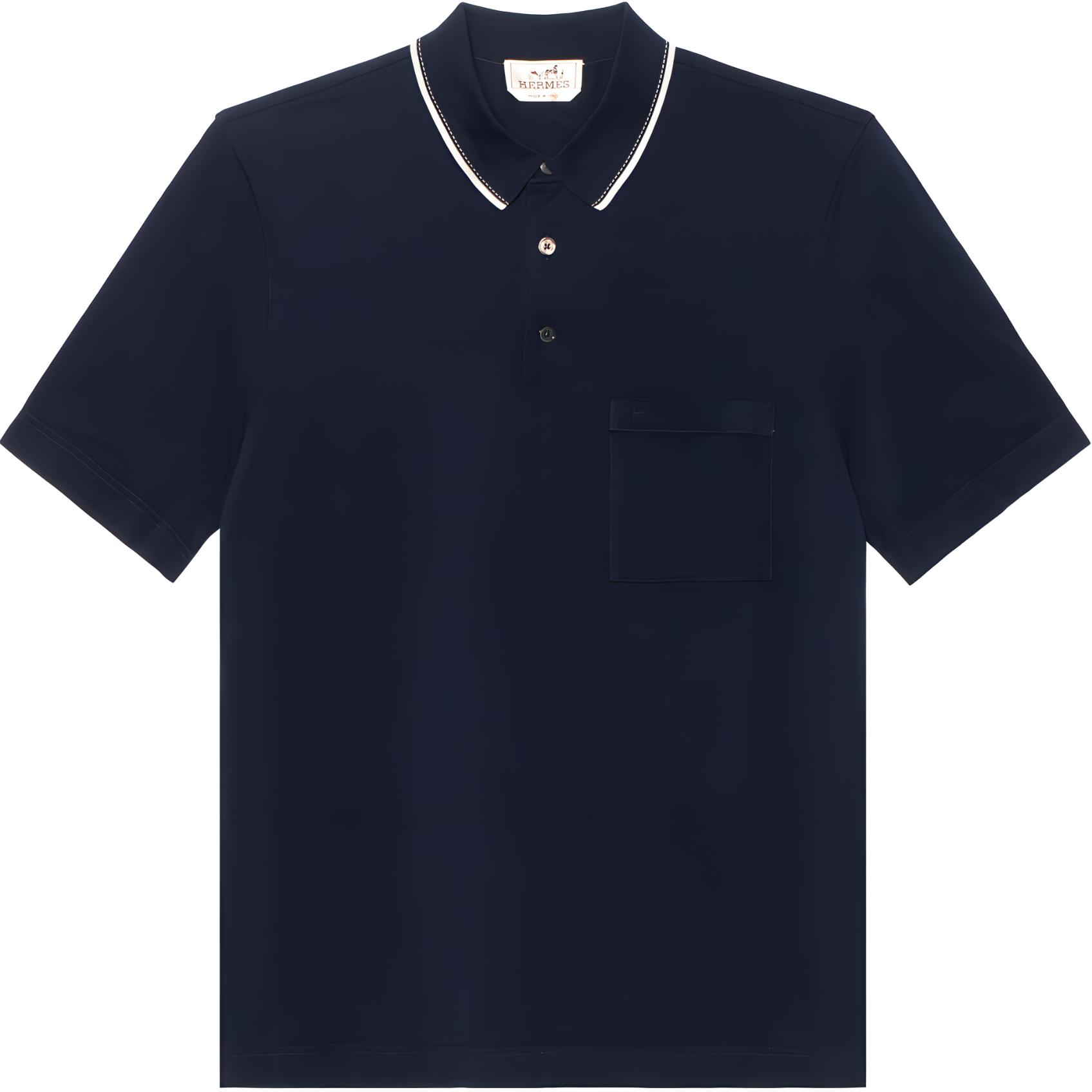 HERMES  Navy Blue Letter Embroidered Striped Trim Polo Shirt. H457985HA01