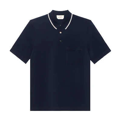 HERMES Navy Blue Letter Embroidered Striped Trim Polo Shirt. H457985HA01