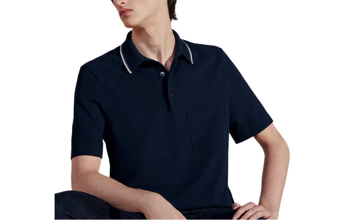 Order エルメス ネイビーブルー 刺繍ロゴ ストライプトリム ポロシャツ. H457985HA01