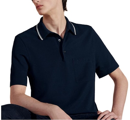 エルメス ネイビーブルー 刺繍ロゴ ストライプトリム ポロシャツ. H457985HA01 Order エルメス ネイビーブルー 刺繍ロゴ ストライプトリム ポロシャツ. H457985HA01