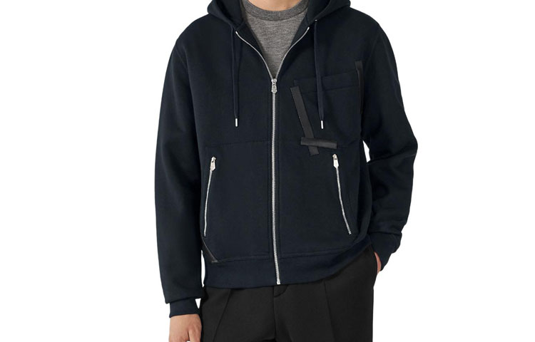 HERMES  Navy Blue Solid Color Zip-Up Hoodie Long Sleeve. H367860HA01