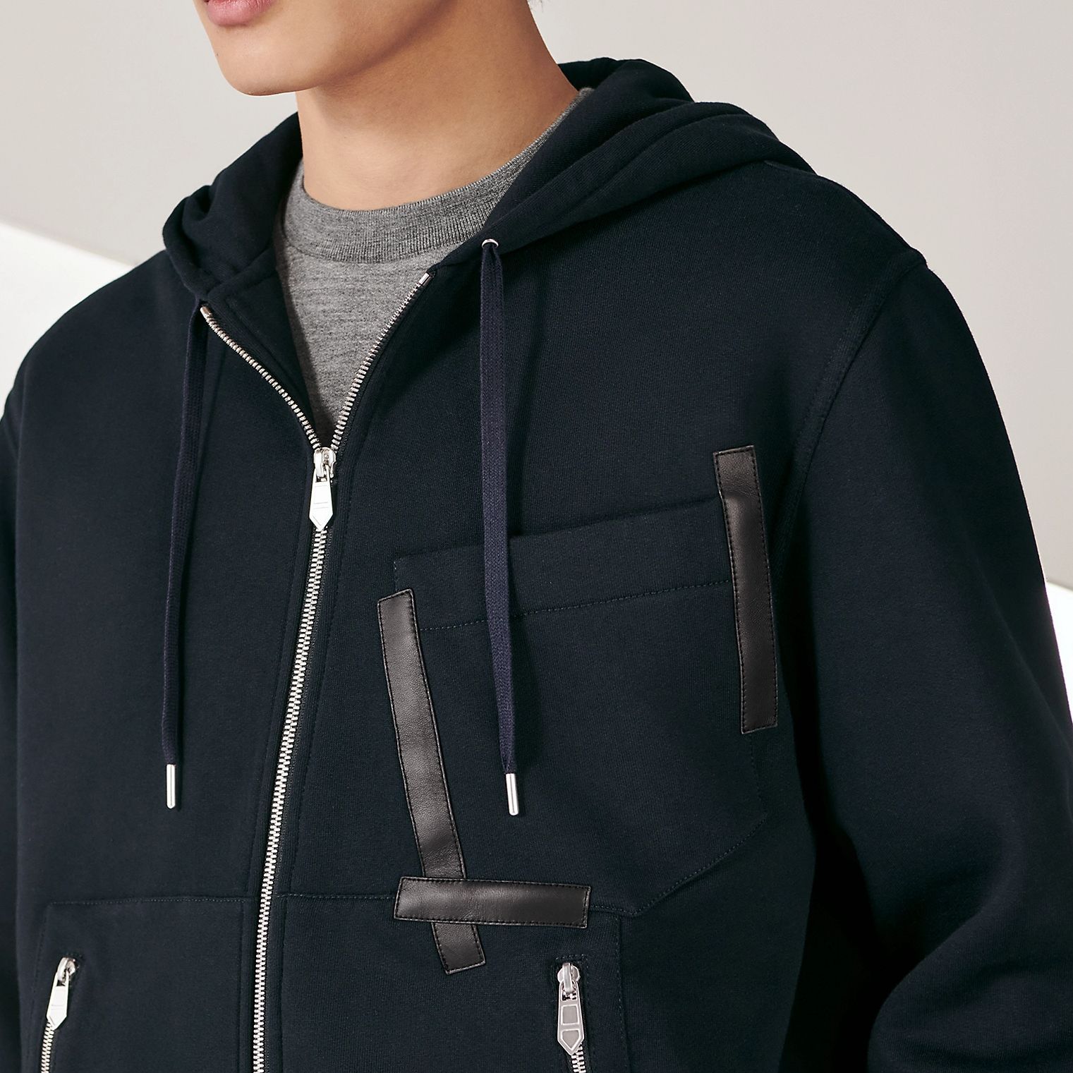 Purchase エルメス ネイビーブルー無地ジップアップフーディー長袖 H367860HA01