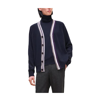 HERMES Navy Blue Striped V-Neck Cashmere Cardigan FW24. H467265HA01