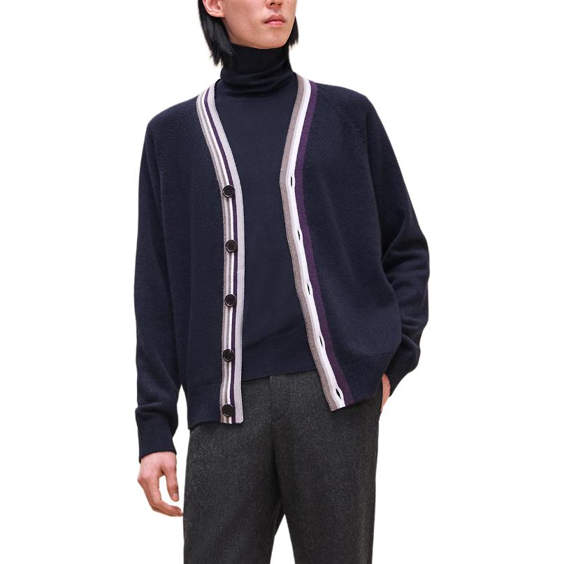 Order エルメス ネイビーブルーストライプ Vネック カシミアカーディガン FW24. H467265HA01
