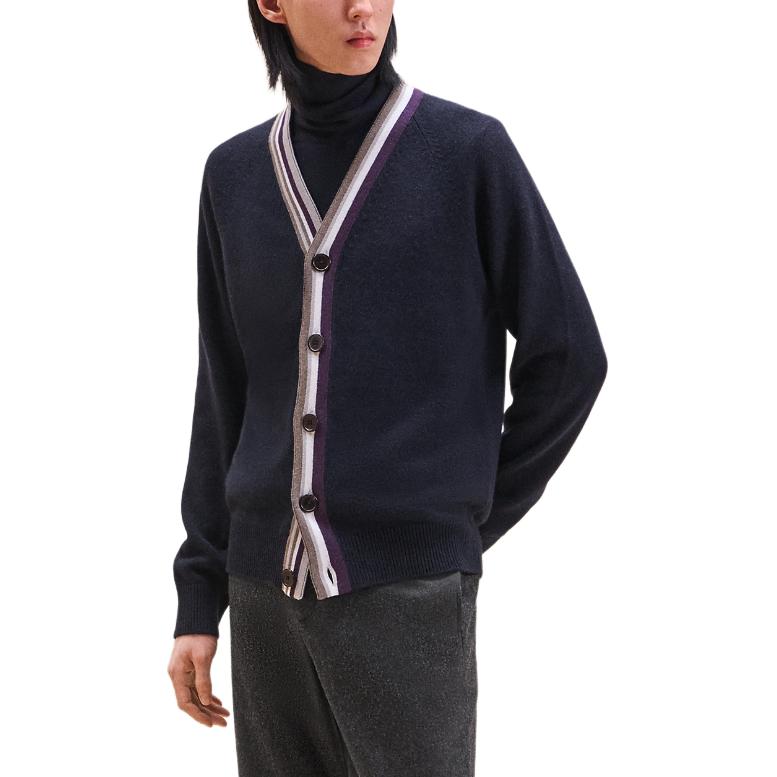 Lookbook エルメス ネイビーブルーストライプ Vネック カシミアカーディガン FW24. H467265HA01