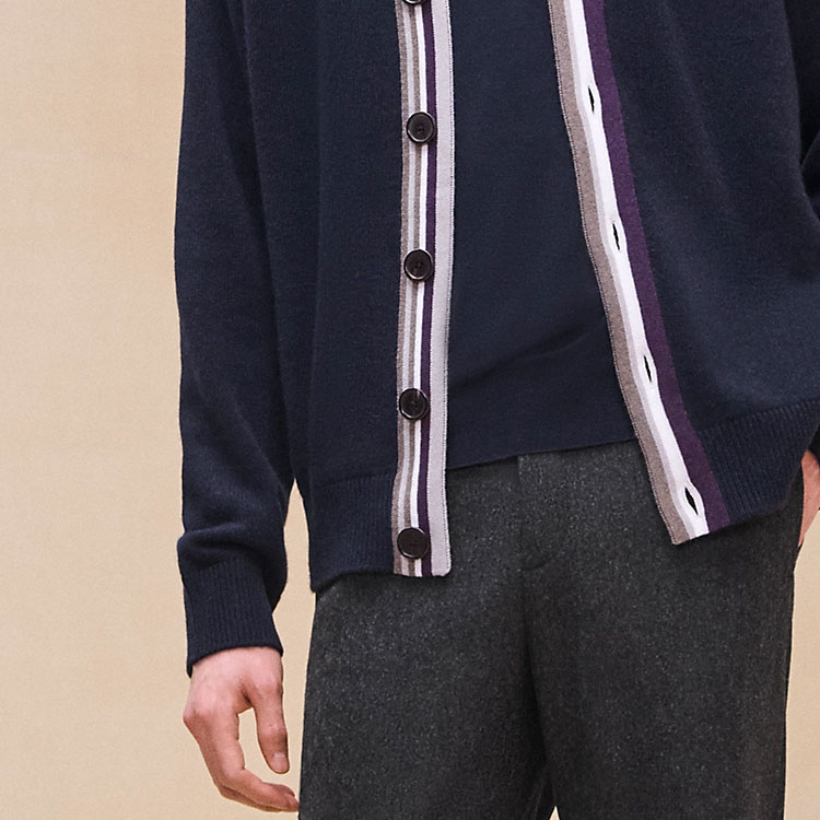 Sizing エルメス ネイビーブルーストライプ Vネック カシミアカーディガン FW24. H467265HA01