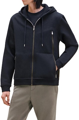 HERMES Ocean Blue SS24 Hoodie Sweatshirt Warna Polos dengan Drawstring Kasual H467870HA01 Lookbook HERMES Ocean Blue SS24 Hoodie Sweatshirt Warna Polos dengan Drawstring Kasual H467870HA01