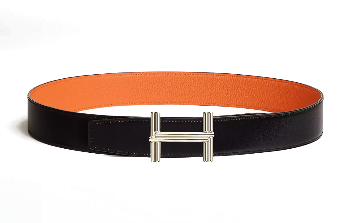 HERMES  Orange Leather Belt with Logo Buckle, 3.8cm Width. H010639UQ2K-H077971CAAH080