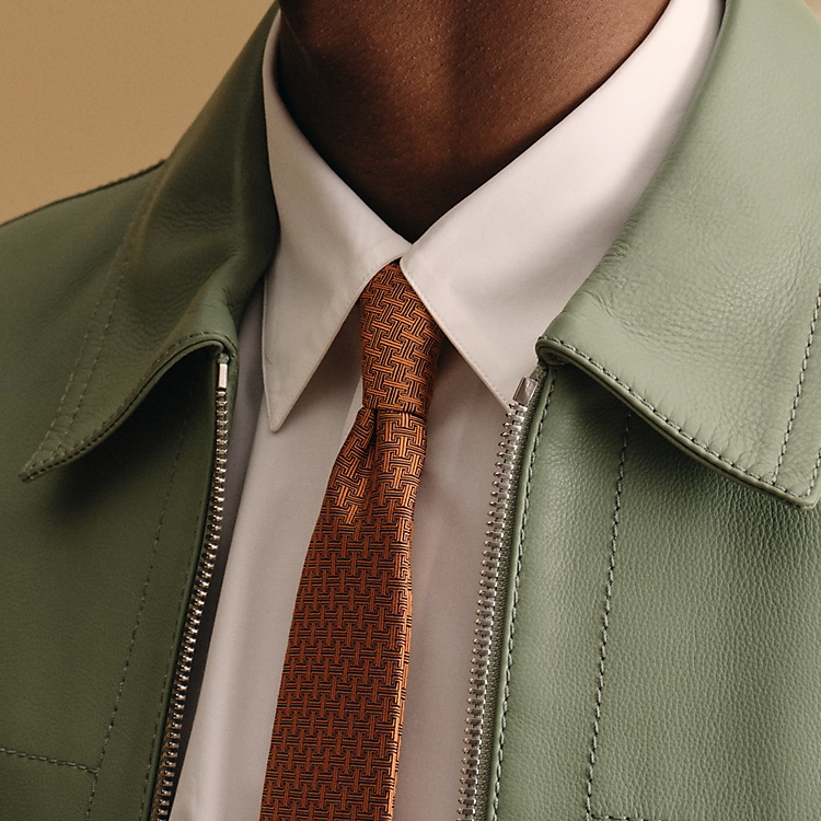 Shop HERMES  Orange Tie with Embroidered Letter Logo Design H339374Tv04