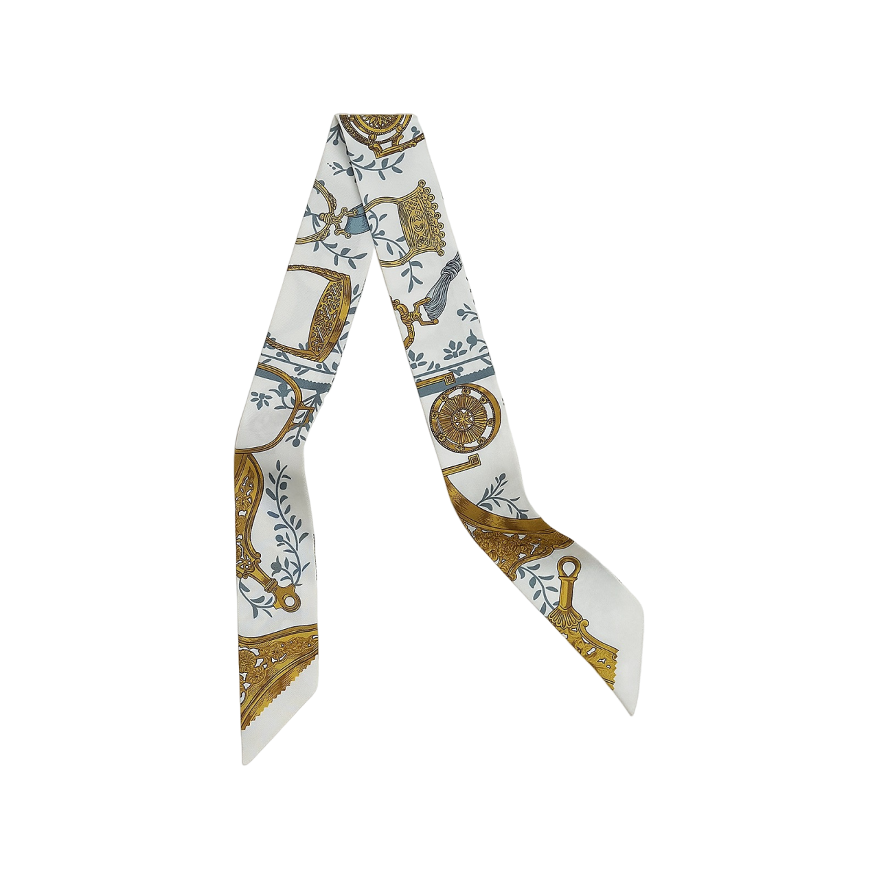 HERMES  Pattern Design Mulberry Silk Scarf White/Blue-Grey/Gold. H063502T 12