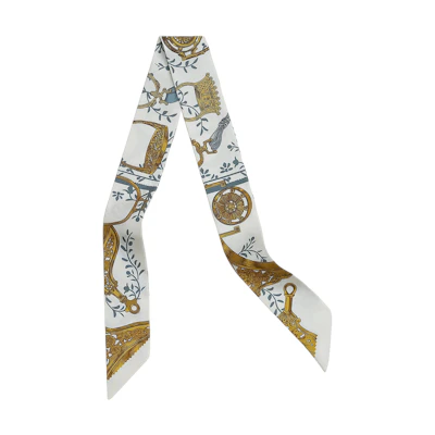 HERMES Pattern Design Mulberry Silk Scarf White/Blue-Grey/Gold. H063502T 12