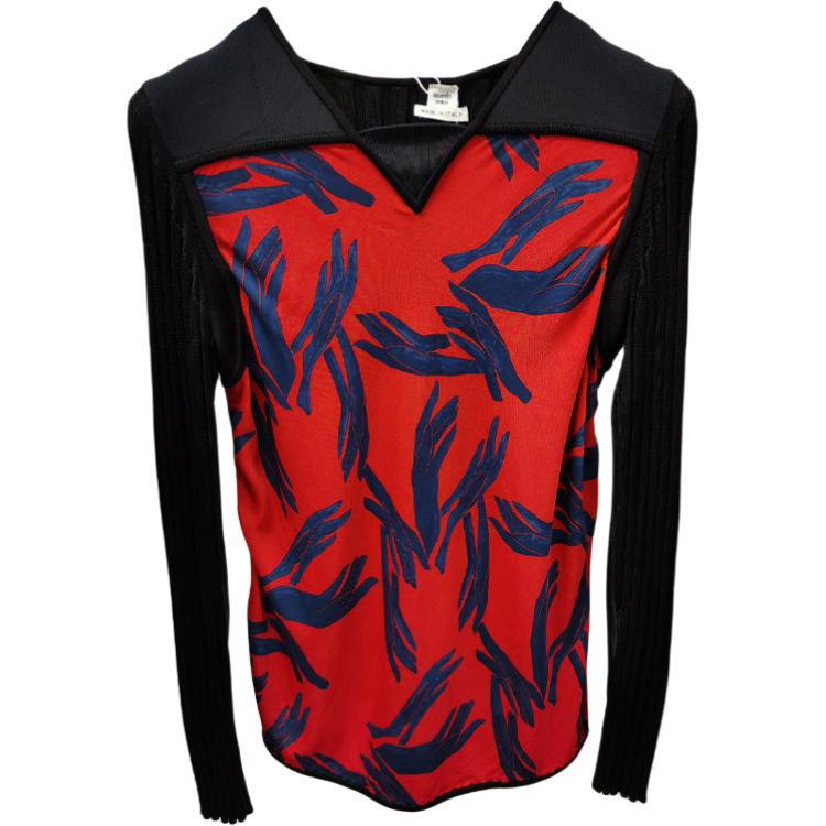 HERMES  Red Graphic Print V-Neck Long Sleeve Casual T-Shirt. 822609DAL8