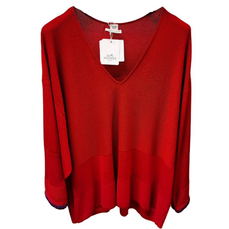 Order HERMES  Red Solid V-Neck Long Sleeve Knit Sweater 792838D67W
