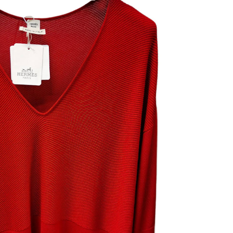 Shop HERMES  Red Solid V-Neck Long Sleeve Knit Sweater 792838D67W