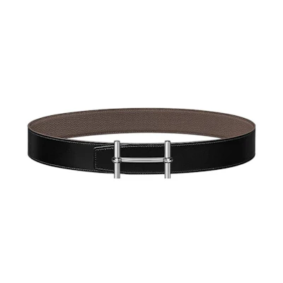 HERMES Reversible Belt, Silver Buckle, Calfskin Leather, 3.8cm Wide, Bicolor. H077938CK05-H077971CAAG085