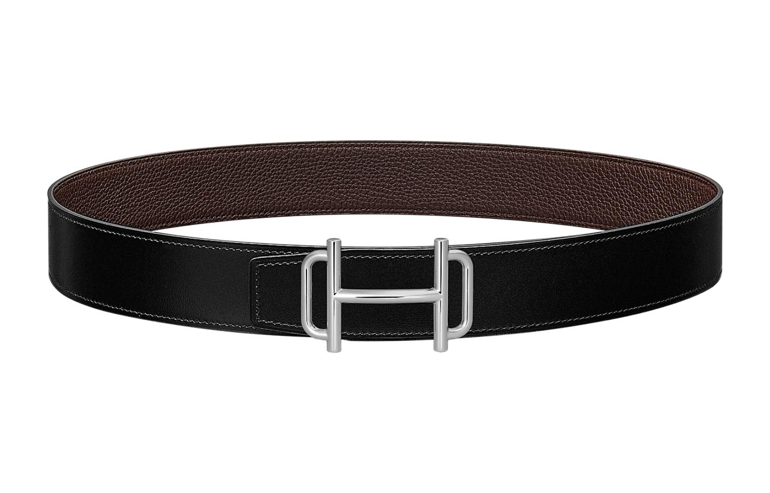 HERMES  Reversible Leather Belt Black/Chocolate Togo Silver Buckle 3.8cm. H075370CK05-H077971CAAB100