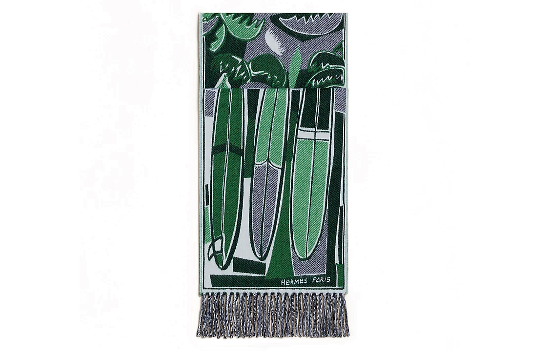 HERMES "Riding the Wave"  Green Scarf with Botanical Pattern. H393161Tv03