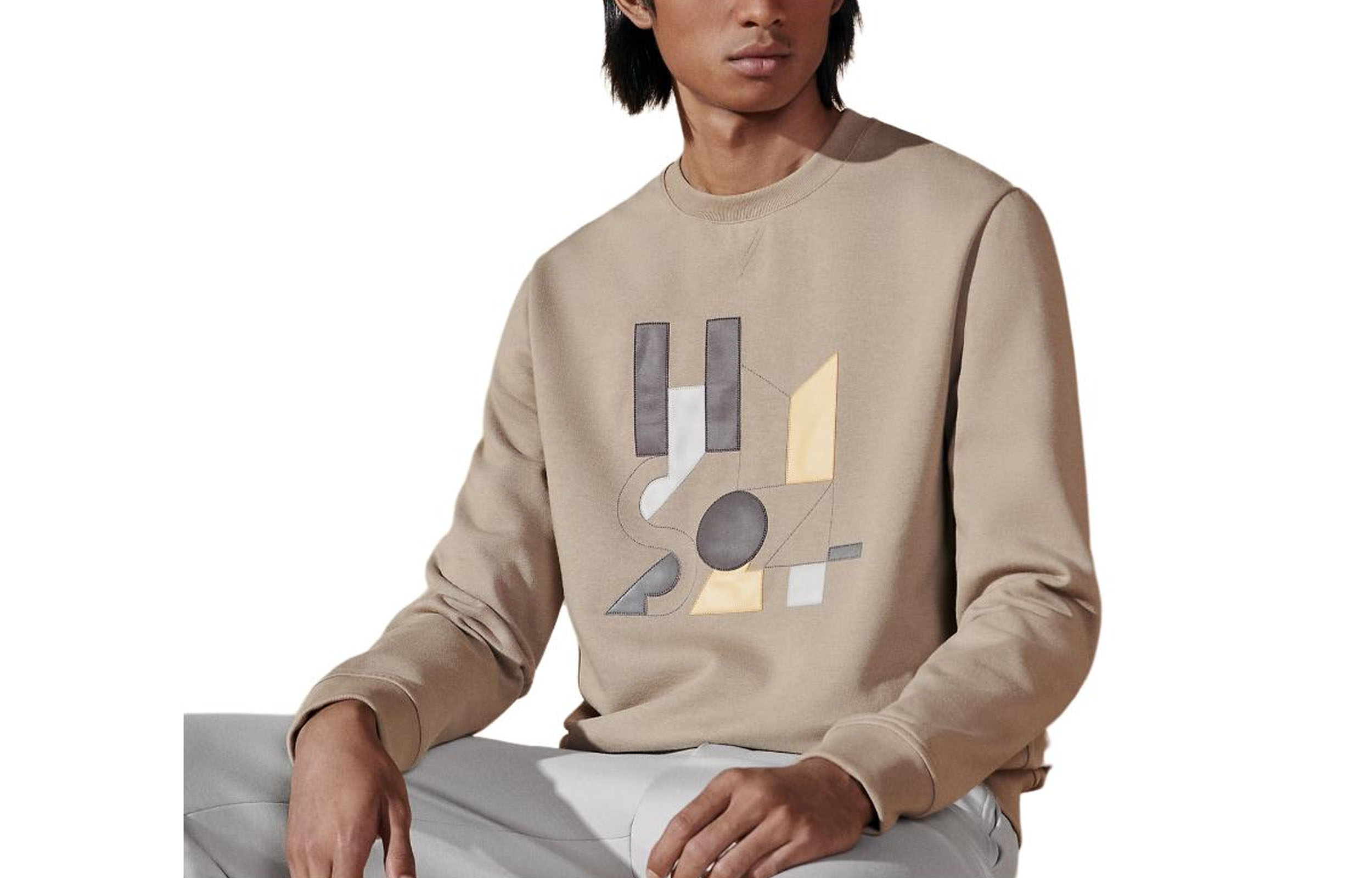 HERMES  Sand Yellow Sweatshirt with Letter Print and Ribbed Crew Neck. H457790HA1W