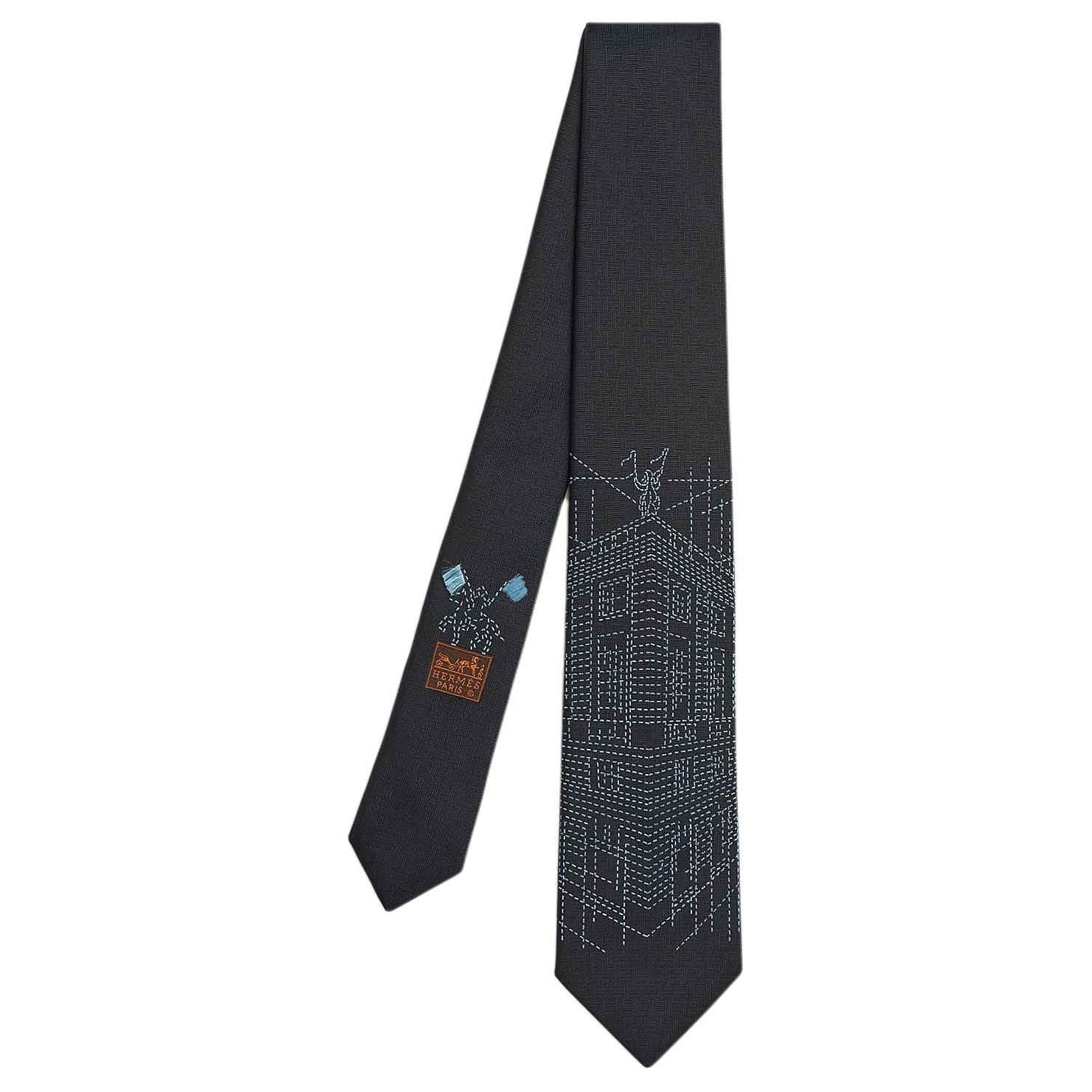 HERMES  Silk Tie Blue with Logo Detail Decoration H332500T 02