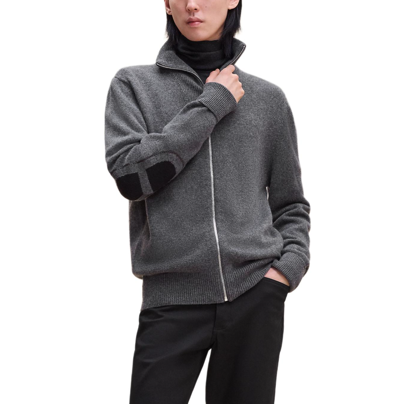 HERMES  Solid Cashmere Zip-Up Cardigan in Charcoal Gray. H467145HA81