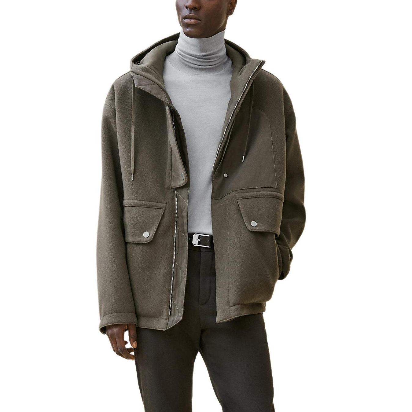 Order 에르메스 솔리드 컬러 드로스트링 집업 후드 자켓 다크 그린 H462120HB0I