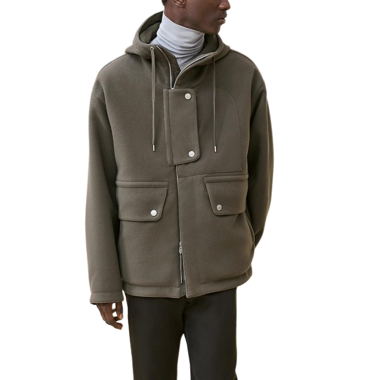 Shop 에르메스 솔리드 컬러 드로스트링 집업 후드 자켓 다크 그린 H462120HB0I