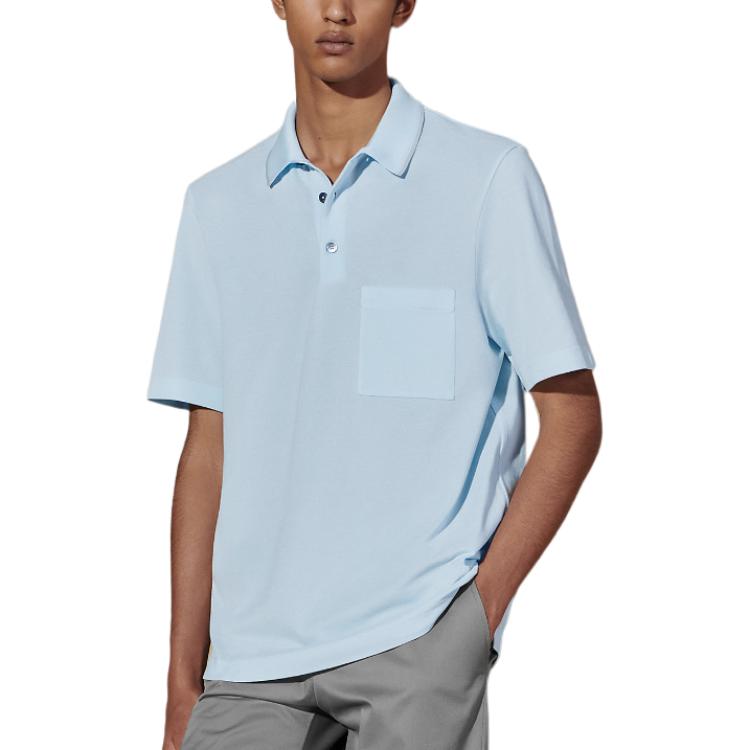 Order HERMES Polo Shirt Bordir Solid Ribbed Kancing Biru Langit H457985HA5L
