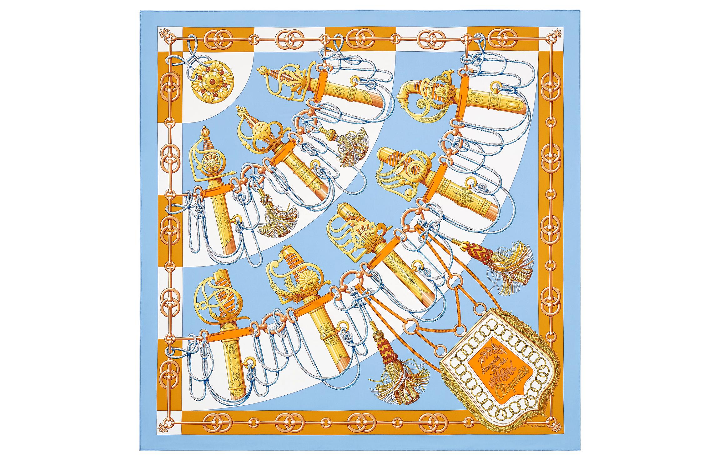HERMES "Sword March" 90cm Scarf Sky Blue/Vintage Gold. H001574S-37