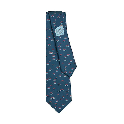 HERMES Tie 7 Reve de Rider Blue Silk Tie. H006309T-02
