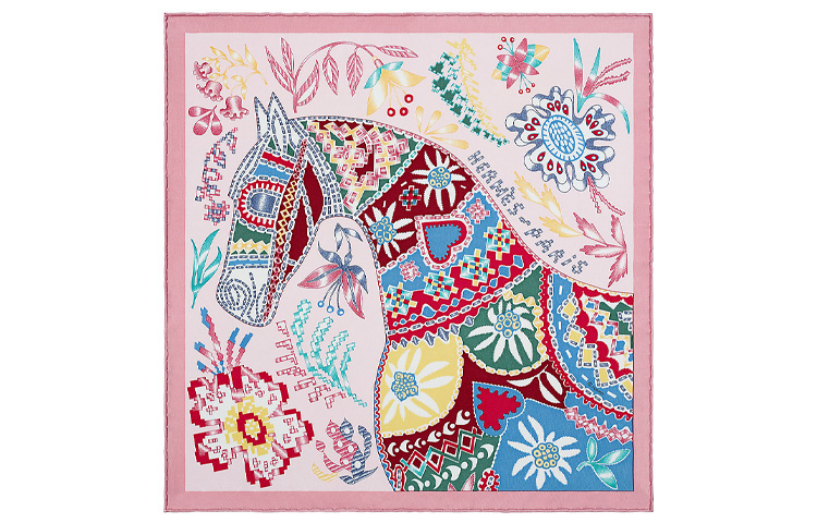 HERMES "Waiting for Ulysses" 45cm Scarf Pink/Denim Blue/Yellow. H893622S-01