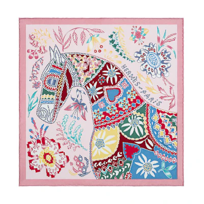 HERMES "Waiting for Ulysses" 45cm Scarf Pink/Denim Blue/Yellow. H893622S-01