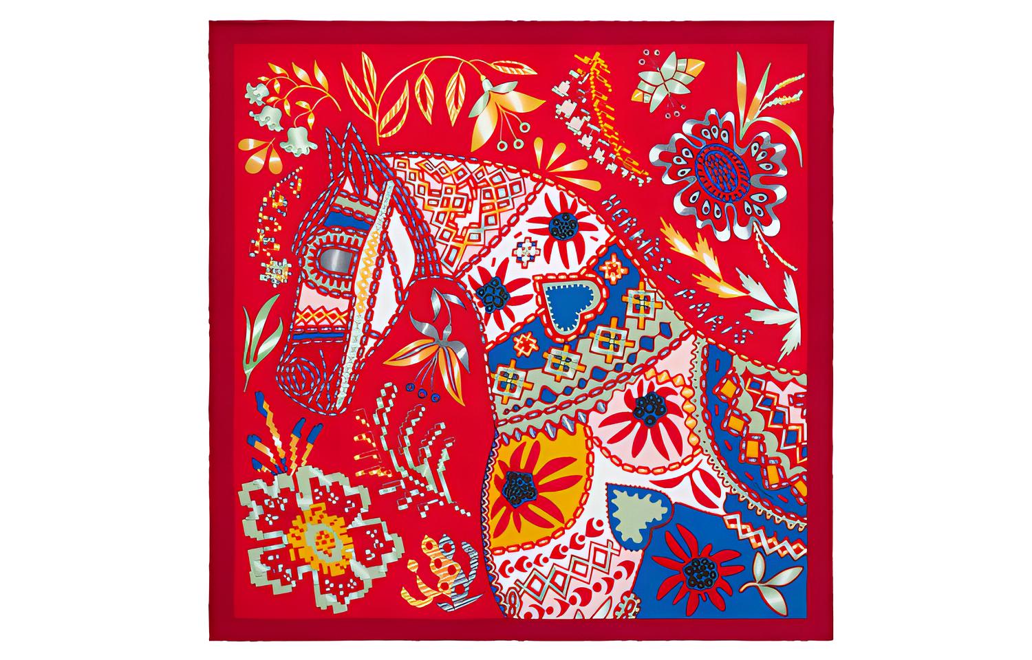 HERMES "Waiting for Ulysses" 45cm Scarf Rouge/Bleu/Jaune Red/Blue/Yellow. H893622S-07
