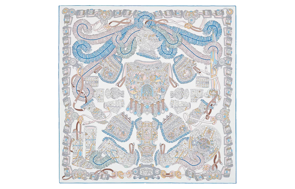 HERMES "War God Blessing" 90cm Washed Blue Silk Scarf. H072776S-40