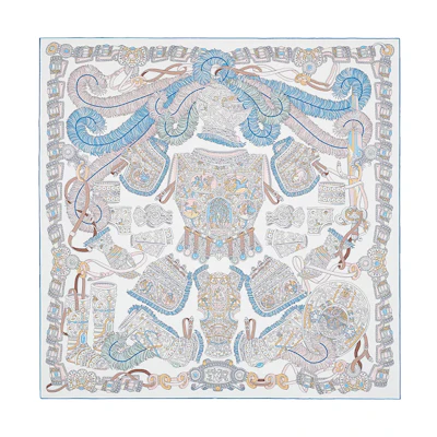 HERMES "War God Blessing" 90cm Washed Blue Silk Scarf. H072776S-40