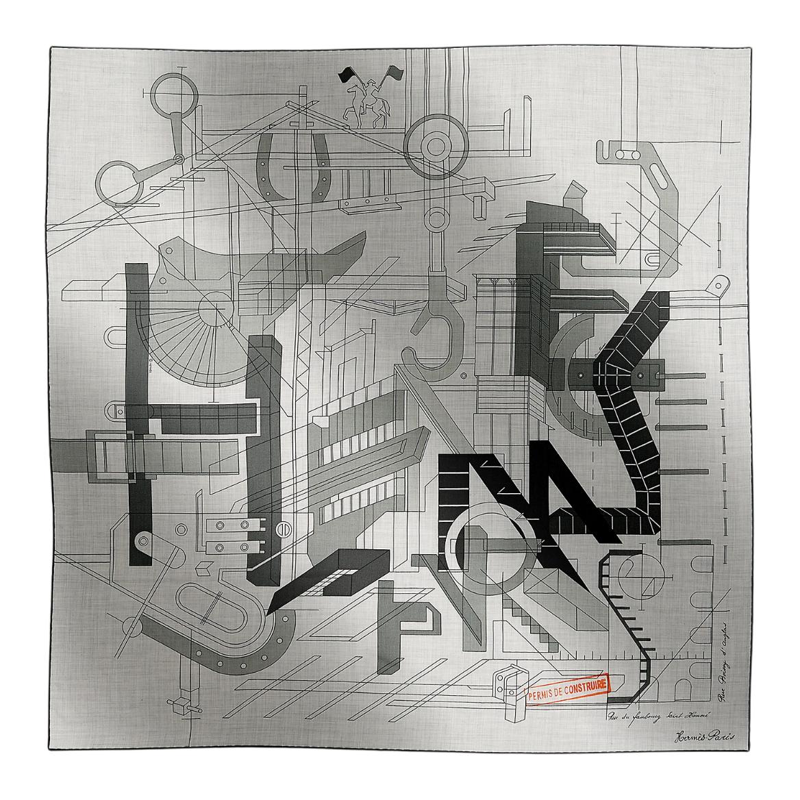 HERMES Architectural Print Silk Scarf White Unisex Couple Style. H104063T04 圖 2