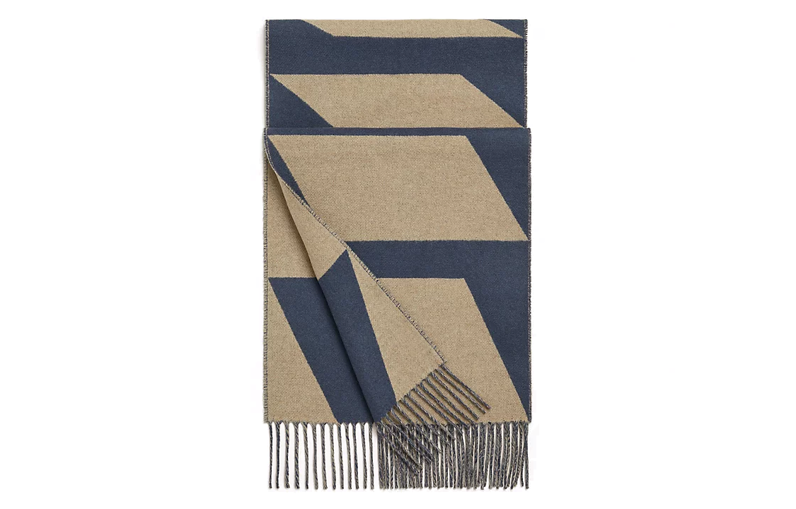 HERMES Asaque Optique Wool Scarf with Tassels in Blue/Beige Unisex Couple Style. H259091S-01