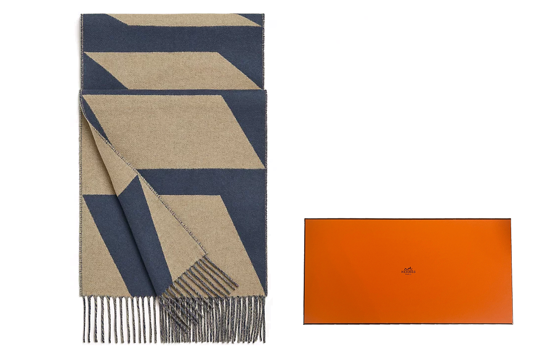 HERMES Asaque Optique Wool Scarf with Tassels in Blue/Beige Unisex Couple Style. H259091S-01 圖 2