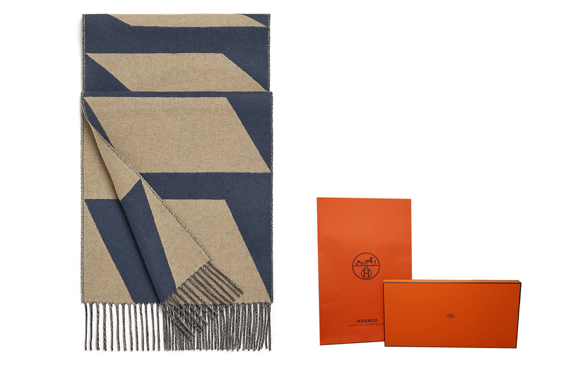 HERMES Asaque Optique Wool Scarf with Tassels in Blue/Beige Unisex Couple Style. H259091S-01 圖 5