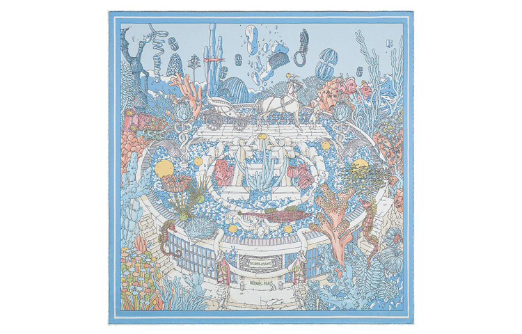 HERMES Atlantis 70cm Blue Silk Scarf Unisex Couple Design. H983571S-09