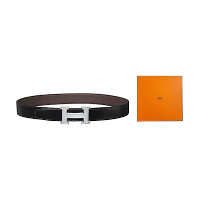 HERMES Black/Chocolate Reversible Togo Leather Belt 32mm Silver Buckle Mens H064544CK05-H073967CAAB0