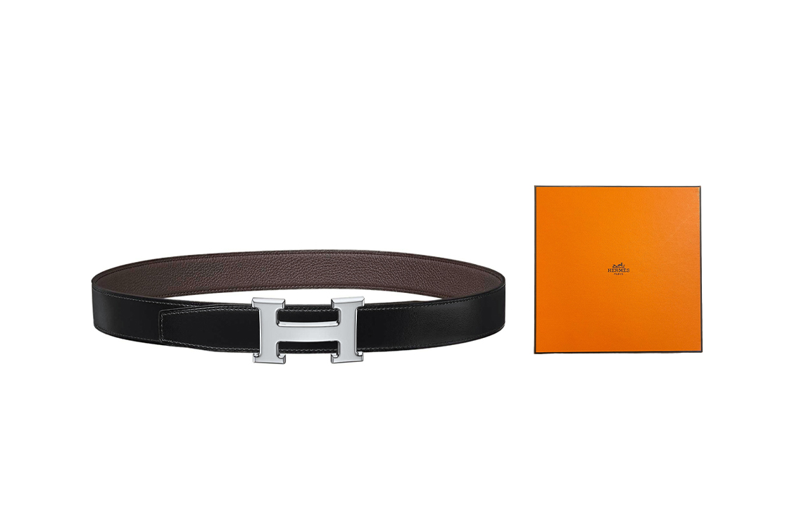HERMES Black/Chocolate Reversible Togo Leather Belt 32mm Silver Buckle Mens H064544CK05-H073967CAAB0 圖 2