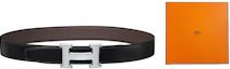 Order HERMES Black/Chocolate Reversible Togo Leather Belt 32mm Silver Buckle Mens H064544CK05-H073967CAAB0