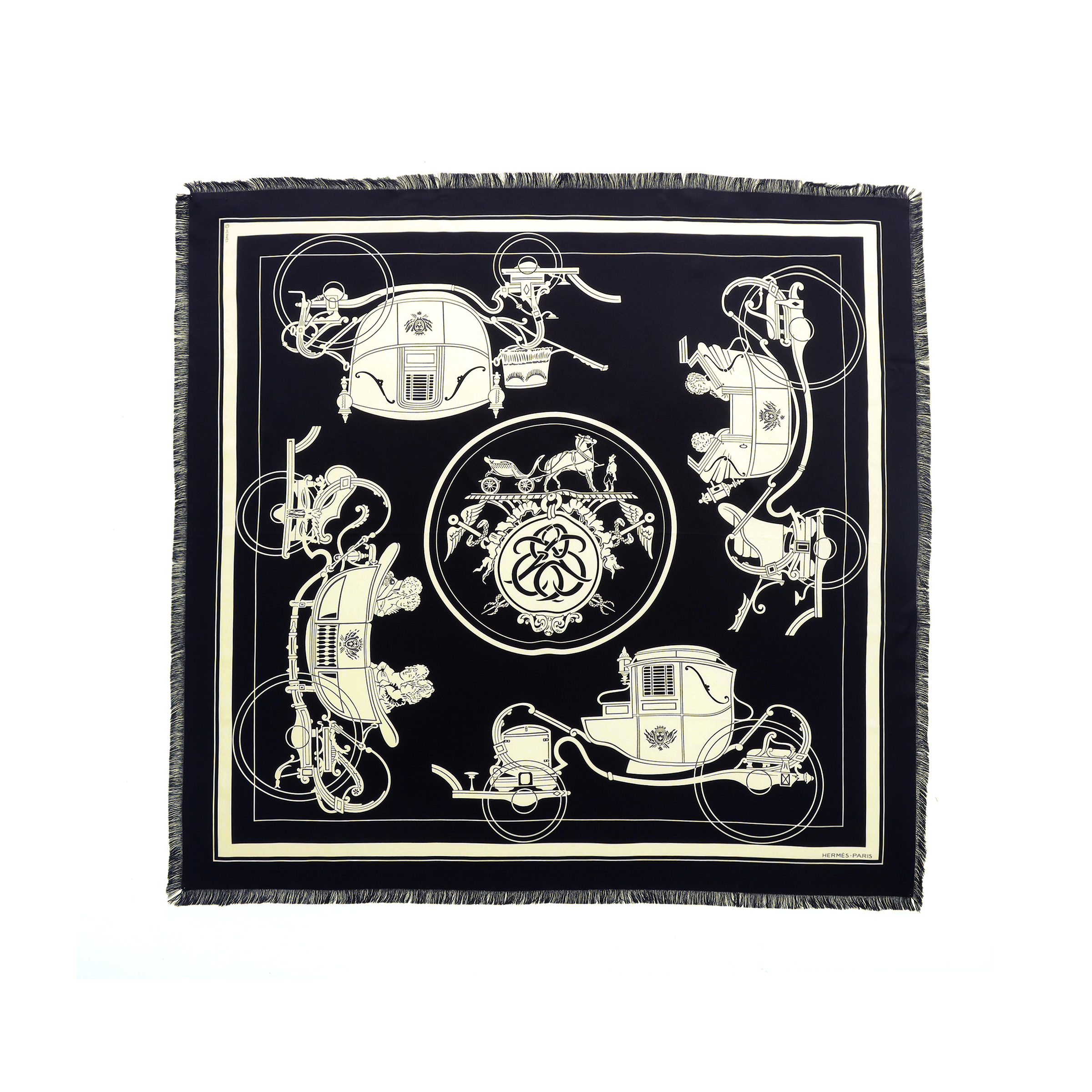 HERMES Black Fringe Jacquard Pattern Scarf Unisex Couple's Edition. H271063T 70