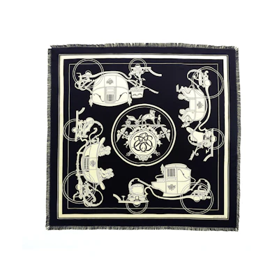HERMES Black Fringe Jacquard Pattern Scarf Unisex Couple's Edition. H271063T 70