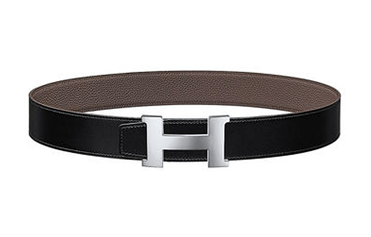 HERMES Black/Tin Gray Leather Belt 3.8cm H077971CAAG,H074562CK05